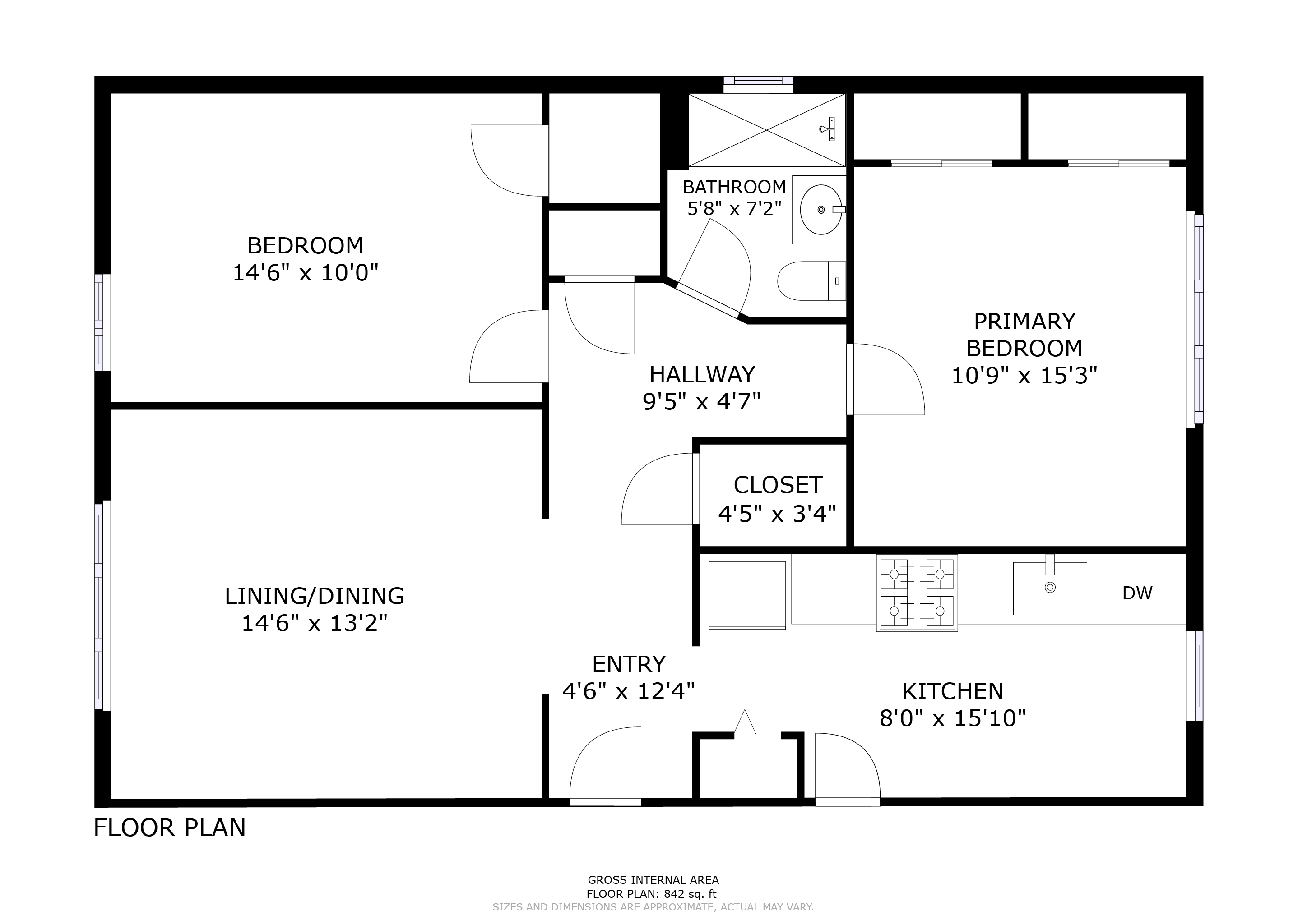 Floor plan for 2 beds, 1 bath, 842 sqft